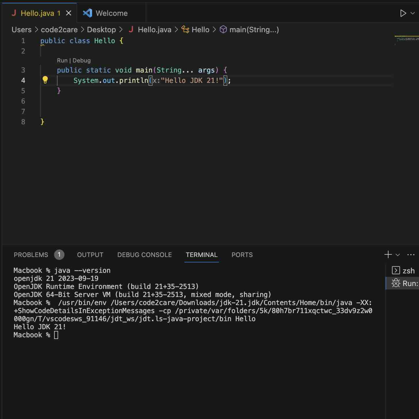 Hello JDK 21 Example with VS Code
